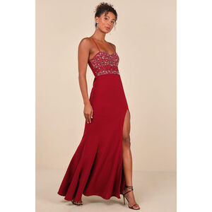 Lulus Luxe Allure Wine Red Beaded Rhinestone Bustier Maxi Dress - Size XS